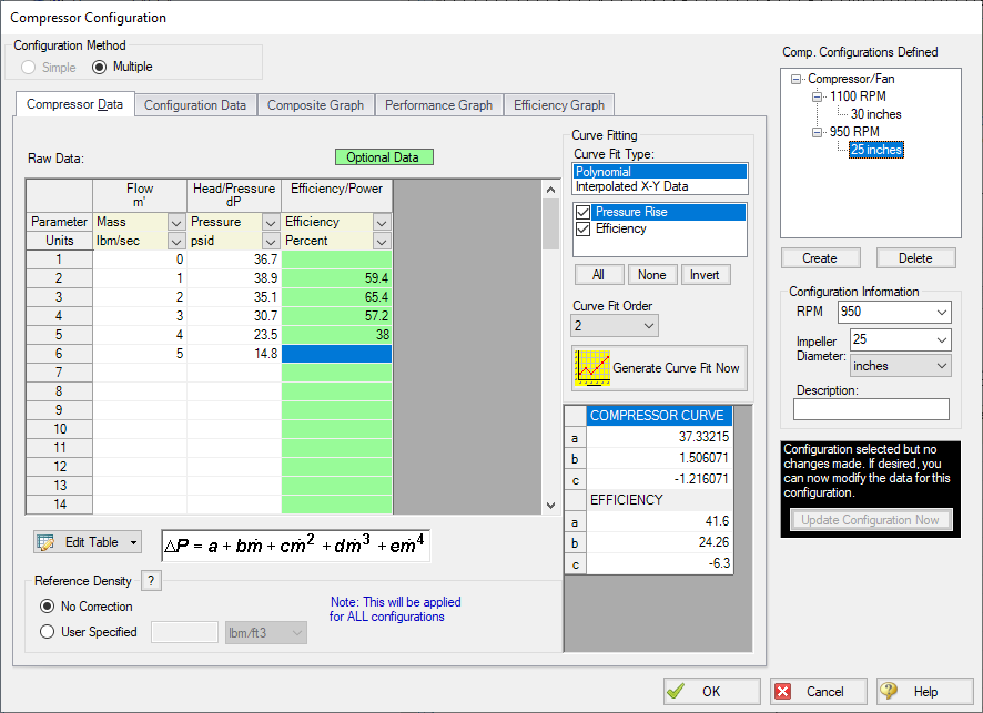 The Compressor Configuration window is show with the Multiple Configuration options selected. The raw data is filled out in order to edit a previously created Configuration.